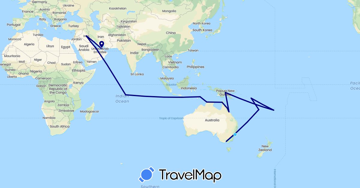 TravelMap itinerary: driving, boat in United Arab Emirates, Australia, Bahrain, Fiji, British Indian Ocean Territory, Iraq, Kuwait, Papua New Guinea, Qatar, East Timor, Vanuatu (Asia, Oceania)